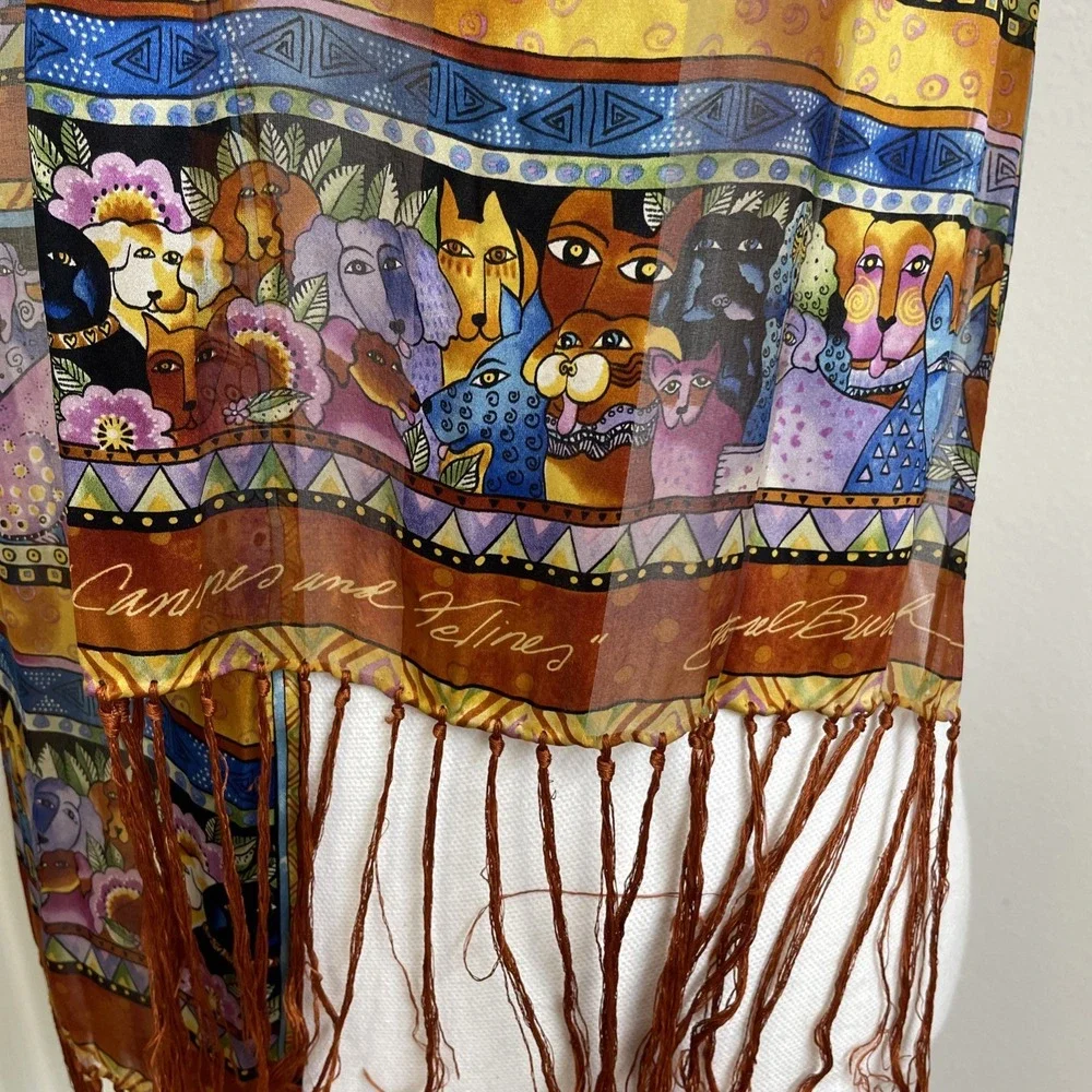Canines and Felines Laurel Buch silk scraf Fringed Cat Dog lightweight Orange